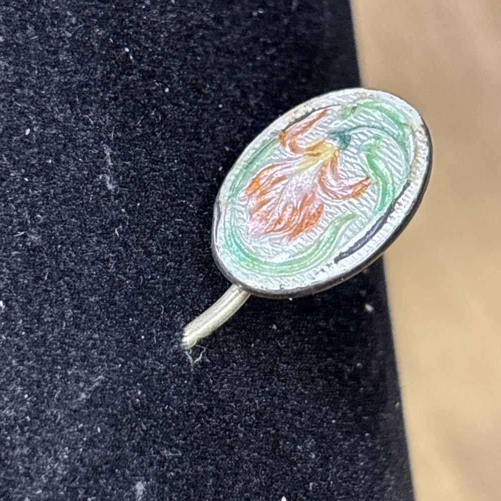 Antique Art Nouveau Guilloche Enamel Floral Stick Pin White Silver Tone